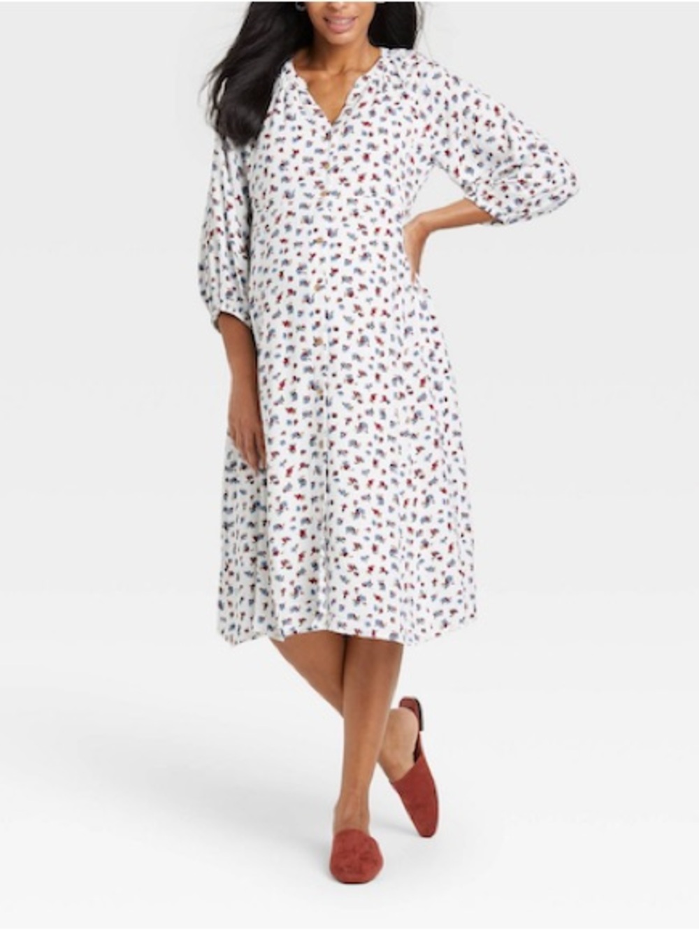The Nines by HATCH White Maxi Dress with Blue and Red Floral Print